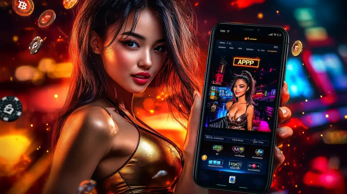 Woman in a gold dress holding a phone with a casino app on screen, surrounded by floating cryptocurrency tokens.