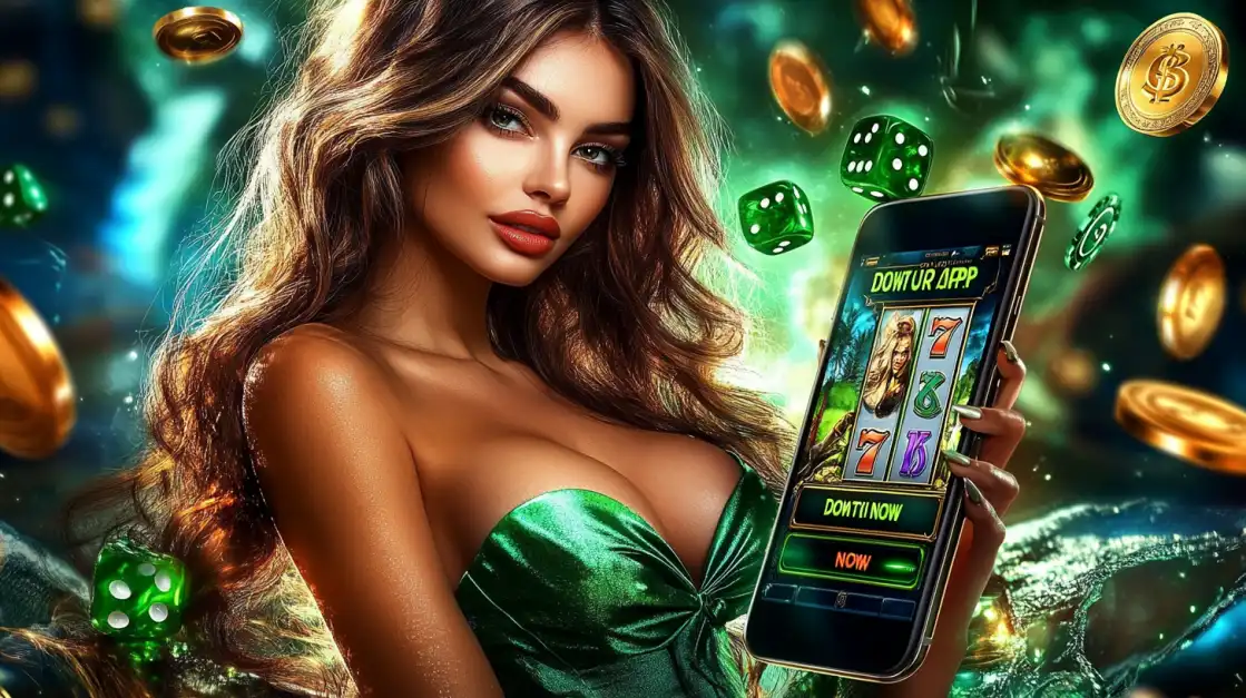 Gorgeous woman in green dress showing a phone with a slot app UI while surrounded by dice, coins, and glowing lights.