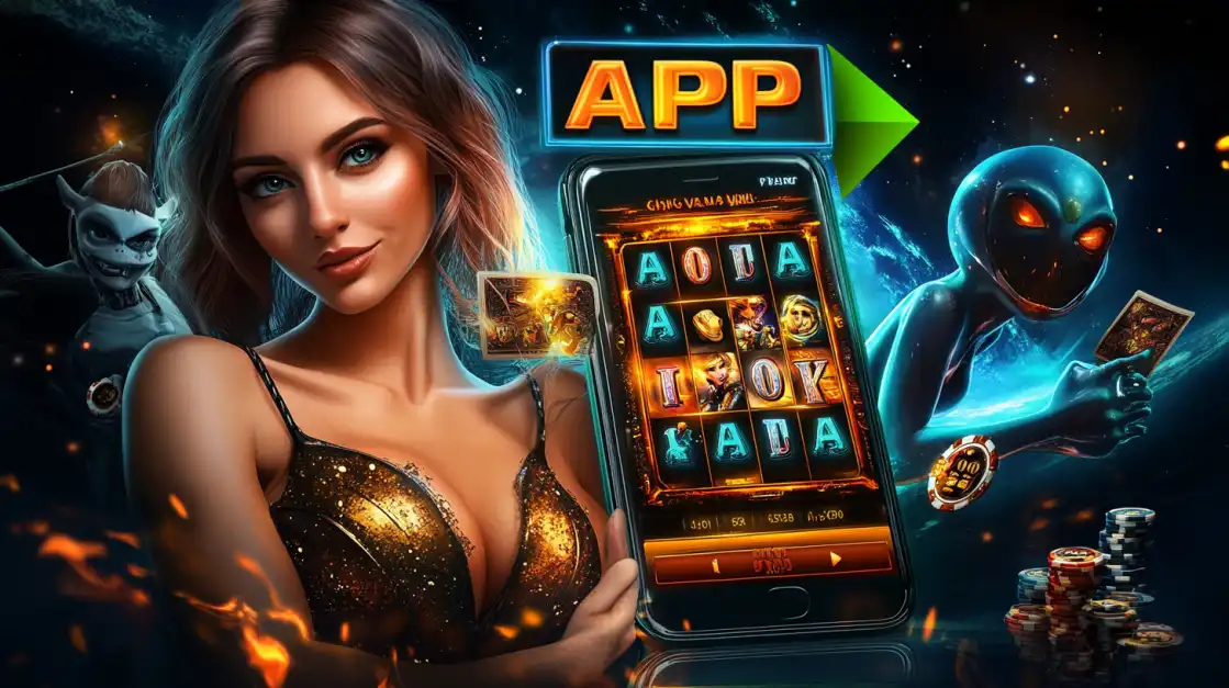 Blonde woman holding a phone with a slot game screen, flanked by glowing alien characters and dark space theme.