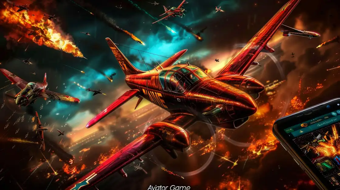 Red fighter plane flying through a fiery battlefield sky with explosions, accompanied by a phone showing the Aviator game.
