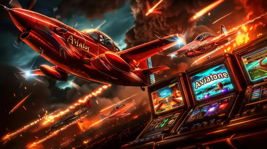 Flaming red aircrafts labeled Aviator flying above slot machines in a fiery storm, blending casino and flight action.