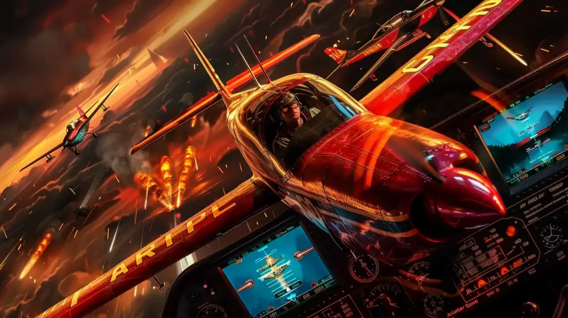 Intense cockpit view of a red plane in mid-flight, dodging explosions and leading an air combat mission.