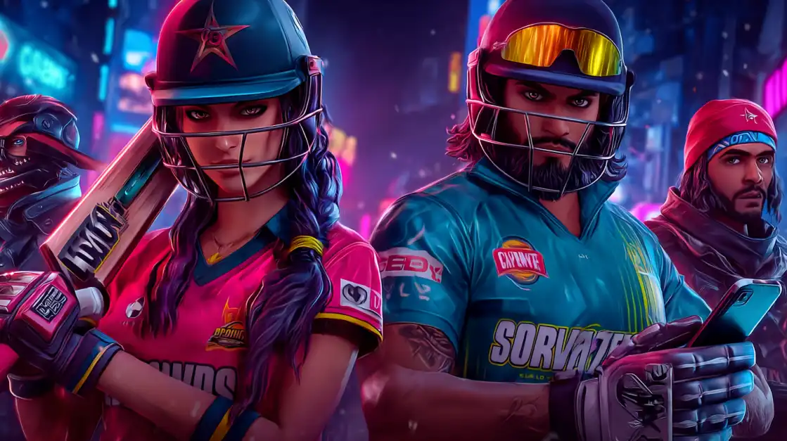 Stylized male and female cricket players in glowing city lights, holding a bat and phone, ready for a futuristic match.