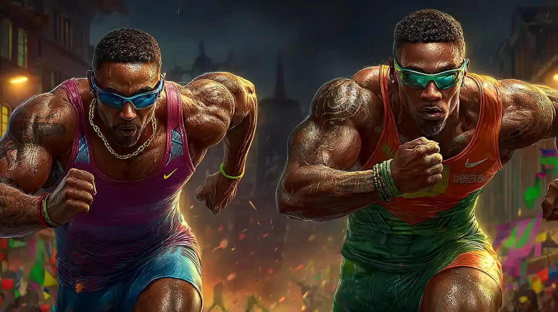 Two muscular male sprinters in colorful athletic gear racing at night with an intense city backdrop and fire sparks.