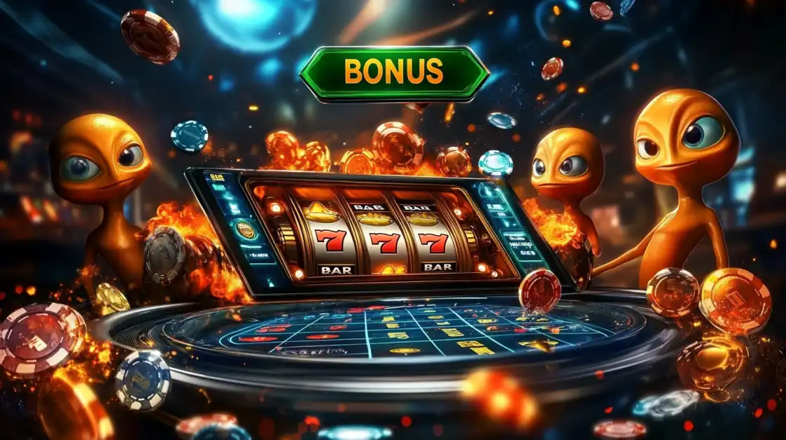 Group of cute orange aliens cheering in front of a classic slot machine showing triple sevens and flying casino chips.