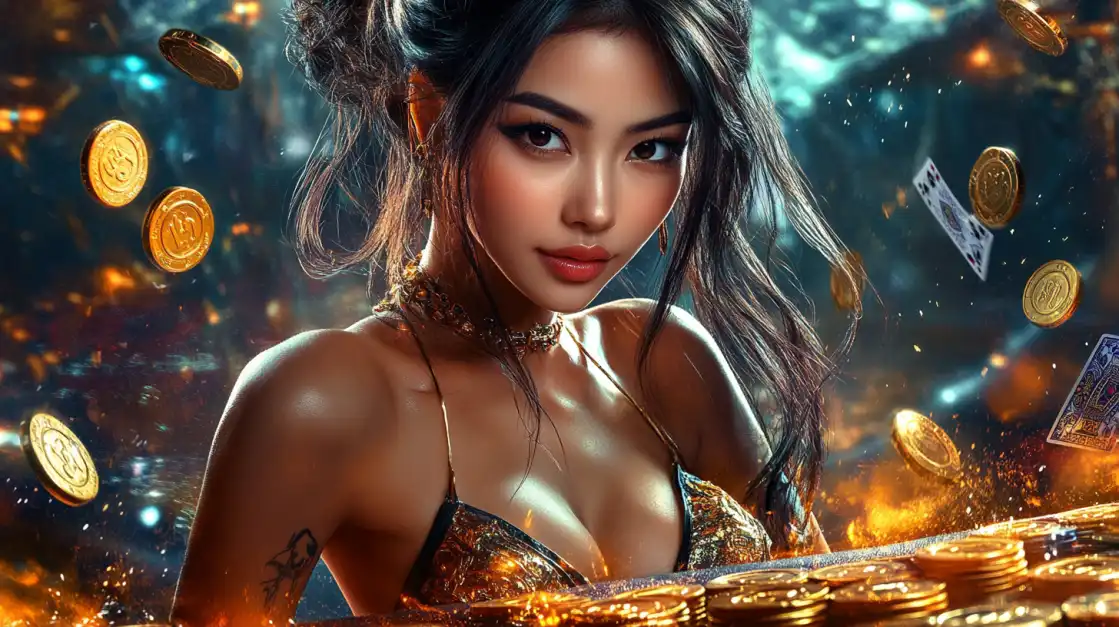 Stunning woman in a golden top surrounded by flying gold coins and playing cards in a glowing casino atmosphere.