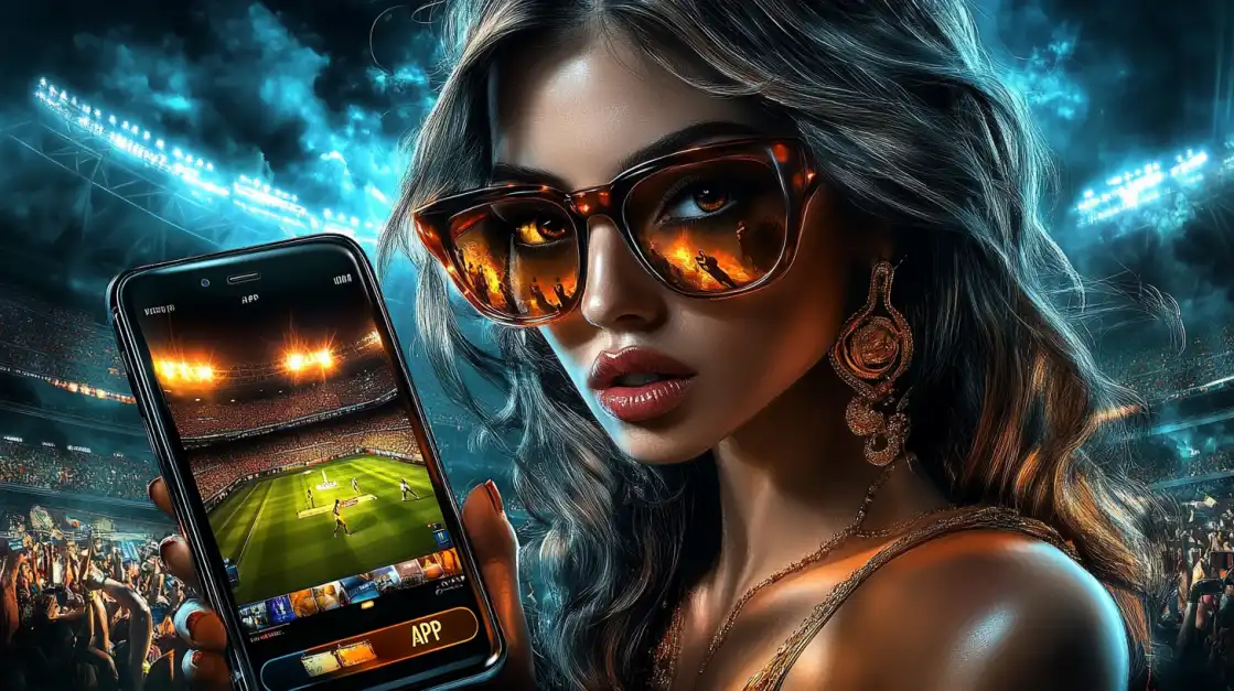 Woman in oversized sunglasses holding a phone with a sports betting app in a lit-up stadium full of people.