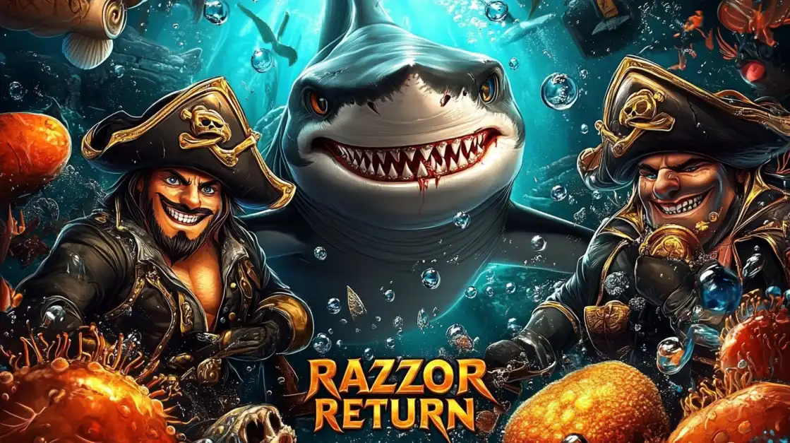 Two grinning pirates surrounded by underwater treasure with a menacing shark emerging behind them in a deep-sea slot game theme.