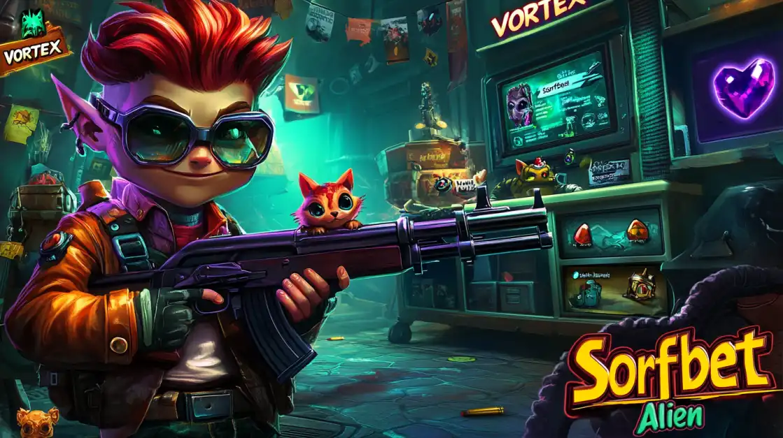 Stylish alien gamer with red hair and oversized glasses holding a rifle, accompanied by a small cat-like alien in a tech-lab setting.