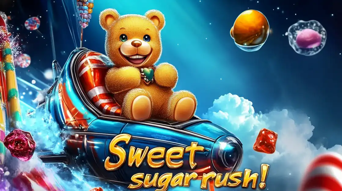 Happy teddy bear riding a rocket through a candy universe with floating jellybeans, sweets, and glowing stars.