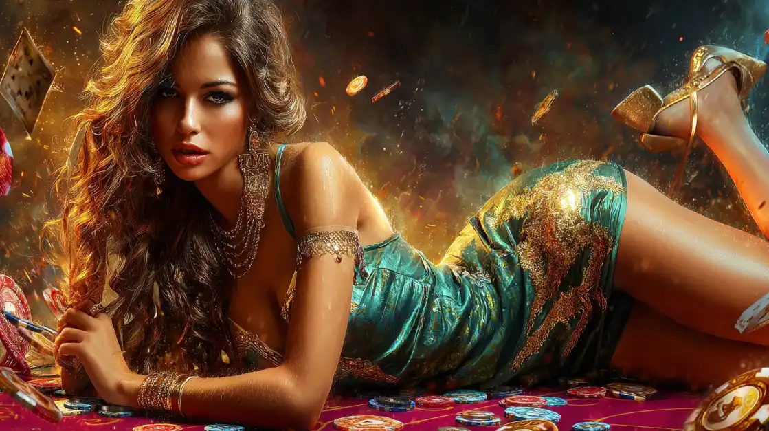 Seductive woman in an emerald green dress lying on a casino table surrounded by poker chips and glowing cards.