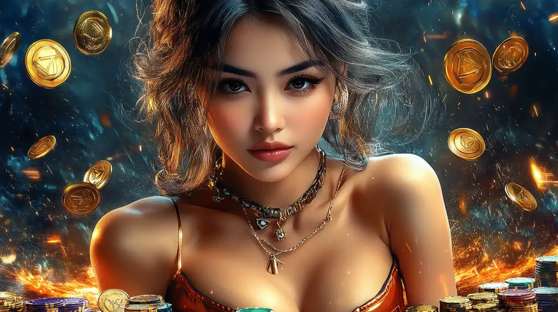 Beautiful woman with dark hair surrounded by floating crypto coins and chips, in a glowing casino setting.