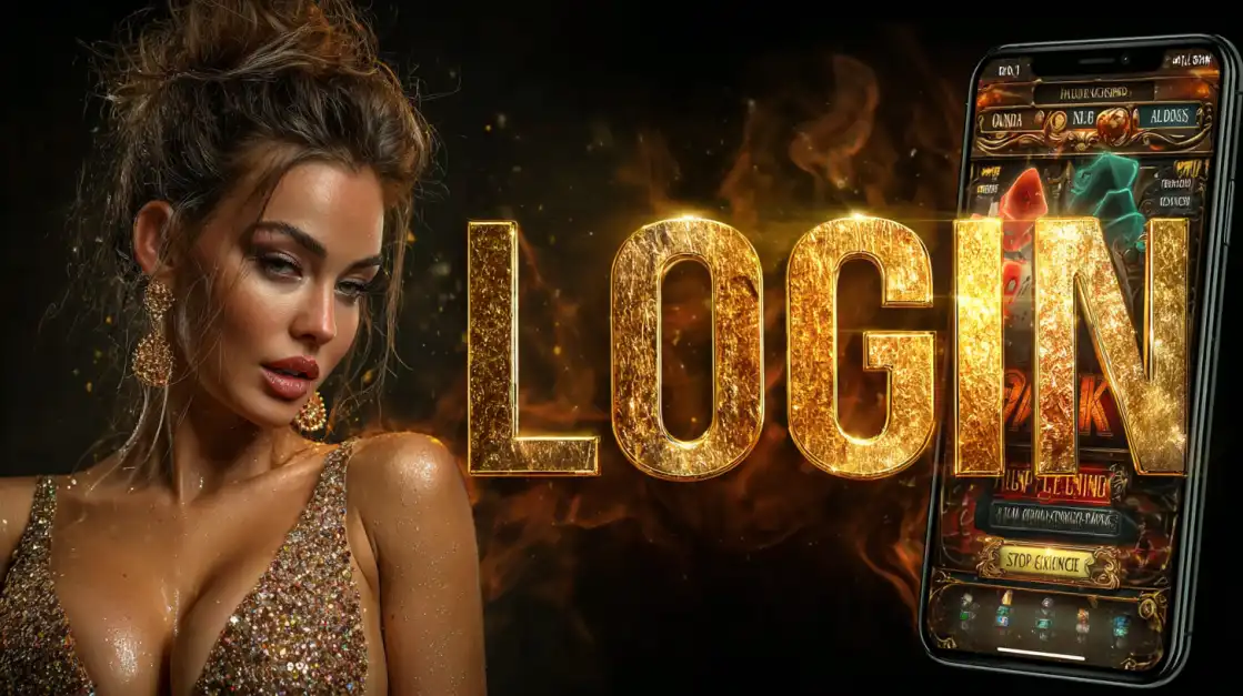 Glamorous woman in a sparkling dress standing beside the word LOGIN in gold letters and a mobile casino app interface.