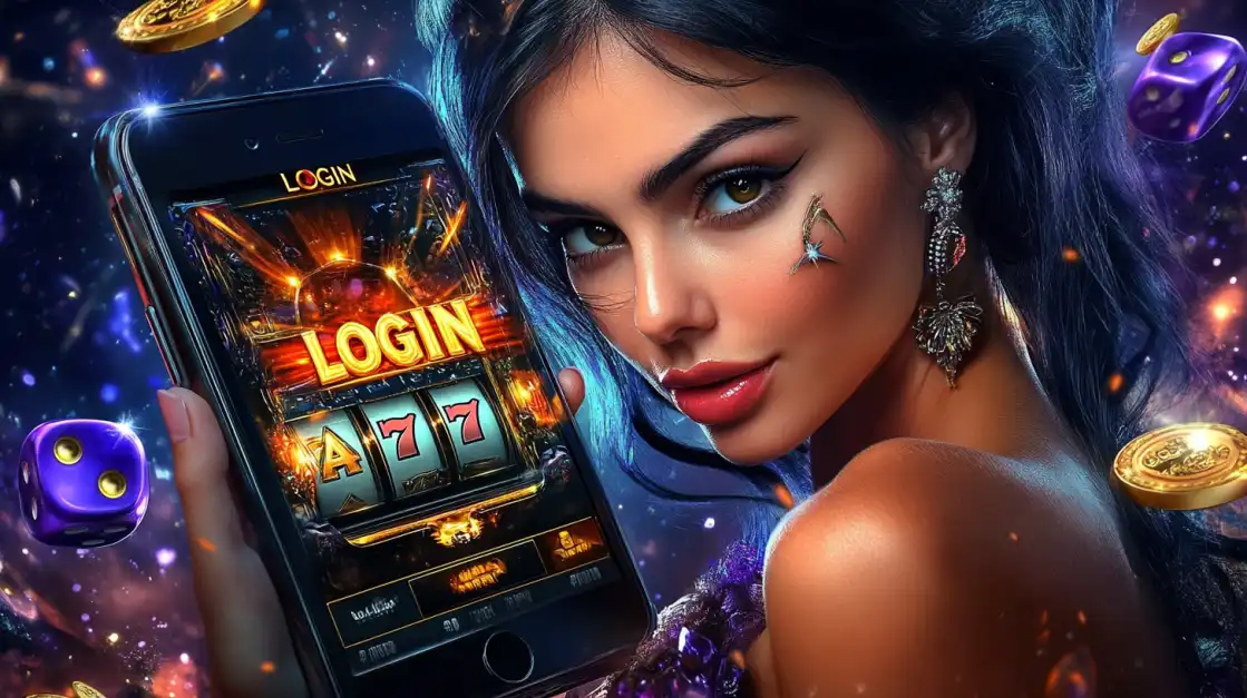 Beautiful woman holding a phone showing a slot machine login screen with triple 7s and flying casino elements.