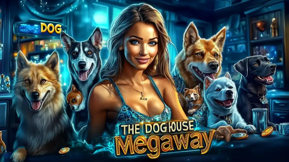 Smiling woman in a sparkly top surrounded by happy dogs in a cozy bar setting with glowing casino atmosphere.
