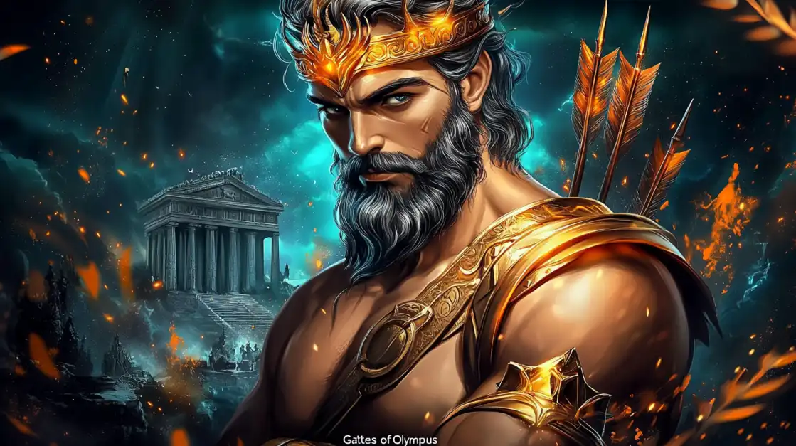 Mighty god with a golden crown and arrows standing in front of an ancient temple with glowing embers and stormy skies.