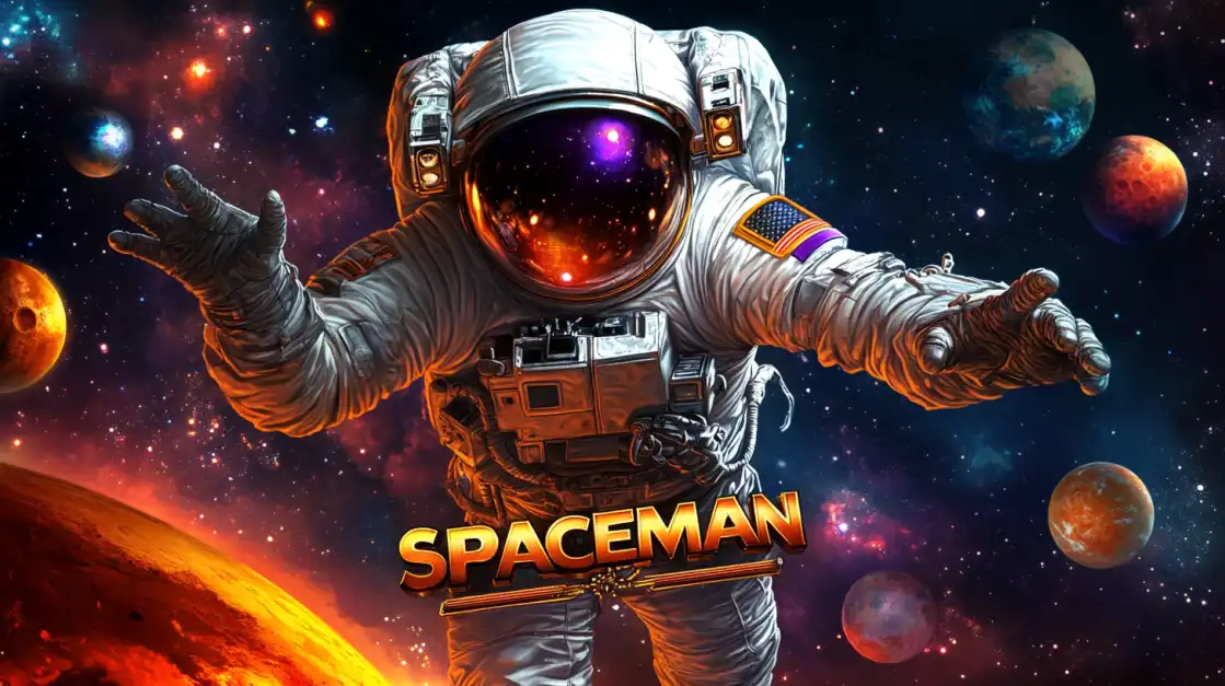 Astronaut floating in space with a glowing reflection in helmet, surrounded by colorful planets and cosmic elements.